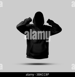 Modell eines übergroßen schwarzen Hoodies mit Tasche, Kapuze, 3D-Rendering, Vorderansicht, für Design, Branding. Freizeitkleidung für Herren. Vorlage für stilvolles L Stockfoto