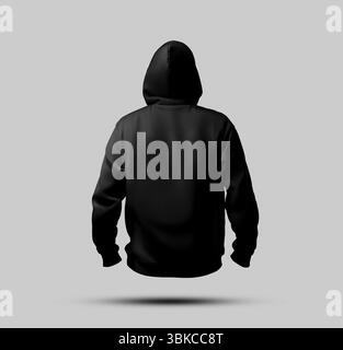 Modell eines übergroßen schwarzen Kapuzenpullovers, Rückansicht, 3D-Rendering, für Design, Druck, Muster, Branding. Freizeitkleidung für Herren zur Werbung. S Stockfoto