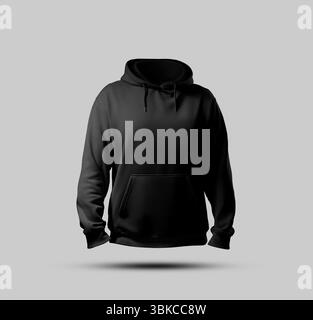 Modell eines übergroßen schwarzen Hoodies mit Tasche, 3D-Rendering, Vorderansicht, für Design, Druck, Muster, Branding. Vorlage für Streetwear Langarm, mit Stockfoto