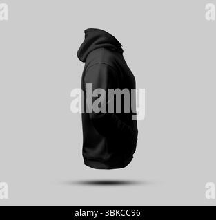 Schwarzes Hoodie-Modell, Seitenansicht, 3D-Rendering, Sweatshirt mit Kapuze, Tasche, isoliert auf Hintergrund. Vorlage für Freizeitkleidung für Herren für Design, Druck, p Stockfoto