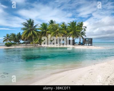 Wilde tropische Insel mit türkisfarbenem Wasser und Kokospalmen. Kristallklares Meer, weißer Sandstrand. Fantastischer Naturhintergrund. Reisen, Abenteuer, Tourismus, entspannen. Beliebtes Touristenziel in Polynesien Stockfoto