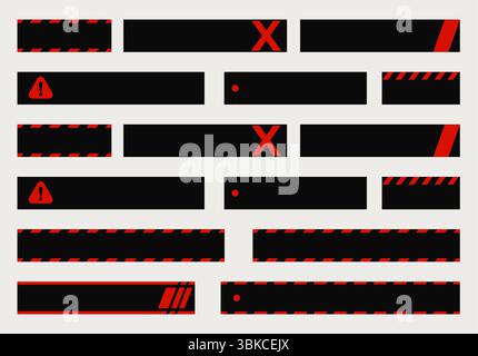 Warnungs-UI-Banner mit roten Elementen, Warnschildern, Fehlerkreuzen, Warnsymbolen, minimalem modernen technischen Stil. Schnittstellenkomponenten für Warnmeldungen Stock Vektor