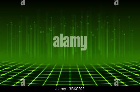 Grünes Retro-futuristisches Neon-Cyber-Grid mit abstraktem geometrischem Tech-Hintergrund. Verschwommene Leiterplattenlinien. Vektordesign für die Perspektive der Technologie Stock Vektor