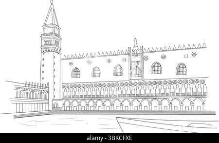 Einfache schwarz-weiße Strichzeichnung Illustration des berühmten Dogenpalastes und des Markuscampanile mit Blick auf den Kanal in Venedig, Italien. Stock Vektor