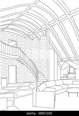 Eine detaillierte Strichgrafik-Illustration eines modernen Innenraums mit geschwungener Treppe, geräumigem Wohnbereich mit Möbeln und einer markanten Kurve Stock Vektor