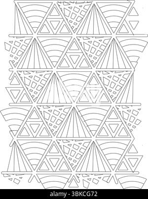 Detaillierte Schwarzweiß-Strichgrafik-Illustration mit komplexen sich wiederholenden Mustern geometrischer Formen, einschließlich Dreiecken, Quadraten und gekrümmtem lin Stock Vektor