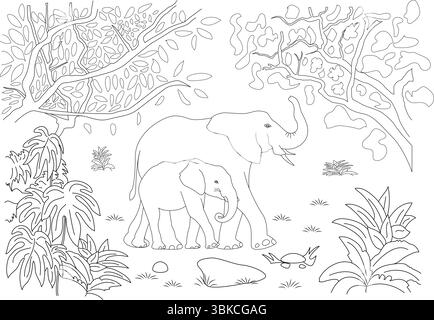 Schwarz-weiße Strichgrafik-Illustration, die eine Elefantenmutter und ihr Baby beim Spaziergang durch eine üppige Dschungellandschaft mit tropischen Pflanzen und Bäumen zeigt. Stock Vektor