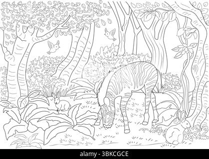 Strichkunst Illustration eines Zebras, das in einer üppigen Dschungel-Umgebung mit Hasen und Vögeln weidet, perfekt für Malbuchaktivitäten. Stock Vektor