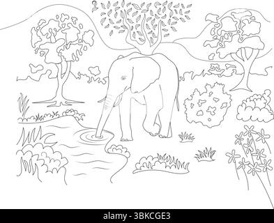 Schwarz-weiße Linienzeichnung Illustration eines Elefanten Trinkwasser aus einem Teich in einer Dschungel- oder Savannenlandschaft mit Bäumen und Pflanzen. Ideal für Stock Vektor