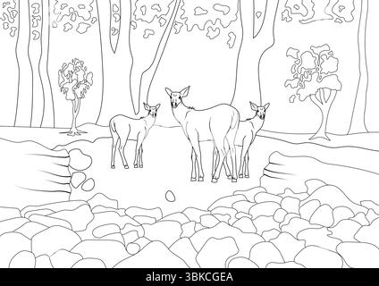 Einfache schwarz-weiße Linienzeichnung von drei Hirschen, die in einem Dschungel oder einer Waldlandschaft mit Bäumen und Felsen stehen. Illustration im Stil eines Colori Stock Vektor