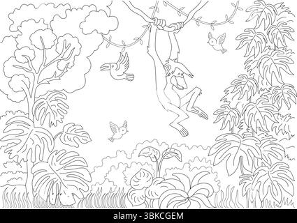 Schwarz-weiße Umrissdarstellung eines verspielten Affen, der in einer dichten Dschungelszene auf einer Weinrebe schwingt, mit Vögeln, die zwischen üppigem Laub und Bäumen fliegen. Pe Stock Vektor