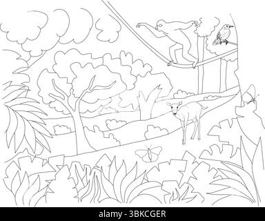 Schwarz-weiße Strichgrafik-Illustration einer lebendigen Dschungellandschaft mit verschiedenen Tieren wie einem Affen schwingend, einem Vogel auf einem Ast, einem Hirsch, einem Stock Vektor