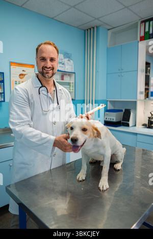Tierarzt überprüft Gesundheit eines glücklichen Hundes in einer Klinik Stockfoto