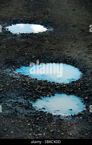Drei Pfützen auf einem Schotterweg spiegeln den bewölkten Himmel und heben die feuchte Beschaffenheit des Bodens hervor Stockfoto