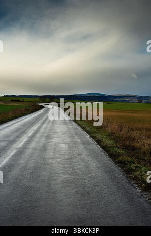 Eine kurvenreiche Straße führt durch üppige grüne Felder zu weit entfernten Hügeln. Der Himmel ist bewölkt und schafft ein dramatisches Ambiente. Auvergne. Frankreich Stockfoto