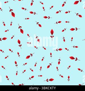 Nahtloses Vektormuster. Stilisierte, abstrakte Blumen in Rottönen unterschiedlicher Größe, verstreut auf einem blassblauen Hintergrund. Ideal für Textilien und Verpackungen Stockfoto
