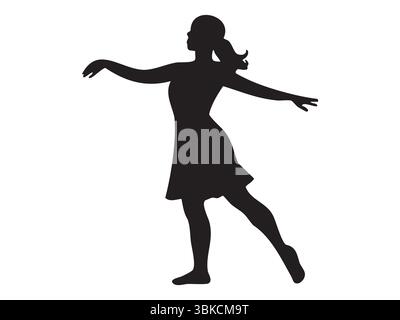 Schwarze Silhouette einer tanzenden Frau in Bewegung, isoliert auf weißem Hintergrund, grafische Illustration. Konzept von Tanz, Interpret, Kunst, Bewegung, Designelement. Stock Vektor
