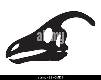 Schwarze Silhouette des Parasaurolophus Schädels mit großem Wappen und verlängertem Kiefer, isoliert auf weißem Hintergrund, grafische Illustration. Das Konzept des herbivoren Dinosaurierskeletts, Hadrosaurier-Fossil. Stock Vektor