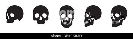 Satz von menschlichen Schädel schwarzen Silhouetten in verschiedenen Stilen, Vorder- und Seitenansichten, isoliert auf weißem Hintergrund, grafische Illustration. Konzept der Anatomie, Gothic Symbol, Tattoo, halloween Design Elemente. Stock Vektor