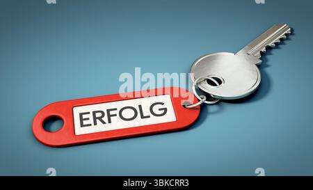 Der Schlüssel zum Erfolg – Schlüsselanhänger mit dem deutschen Wort Erfolg Stockfoto