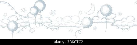 Illustration der Vektorgrenze mit Ballons am Himmel mit Wolken, Sternen und Girlanden. Lineare Zeichnung mit nahtlosem Muster für Babyduscheinladungen oder kindliche Grußkarten. Pastellblauer Rahmen. Stock Vektor