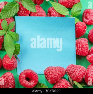 Frische rote, reife Himbeeren mit grünen Blättern, die als Rahmen auf grünem Hintergrund angeordnet sind, und leere blaue Karte in der Mitte. Stockfoto