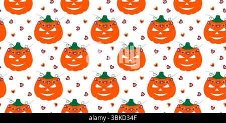 Halloween Kürbis mit Herzen Form Dekorationen nahtlose Muster Bunte Halloween Hintergrund Idee. Isolierte Vektor-Illustration Halloween Grußthemen Karten Hintergrund Poster, Faltblatt, Banner Tag Stock Vektor