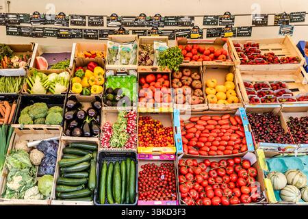 Obst und Gemüse liegen in Holzkisten im kleinen Lebensmittelladen in der Rue Marengo auf der Insel Aix (Île d'Aix), Charente-Maritime, Nouvelle-Aquitaine, Frankreich. Die Auswahl reicht von verschiedenen Tomatensorten, Kirschen und Erdbeeren bis hin zu Paprika, Auberginen, Zucchini und Avocados sowie Brokkoli, Blumenkohl, Fenchel und Radieschen. Melonen (möglicherweise Charentais-Melonen) liegen unten rechts. Kleine schwarze Preisanhänger aus Kreide hängen über den Kisten. Die Insel ist autofrei, etwa drei Kilometer lang und 600 Meter breit. Stockfoto