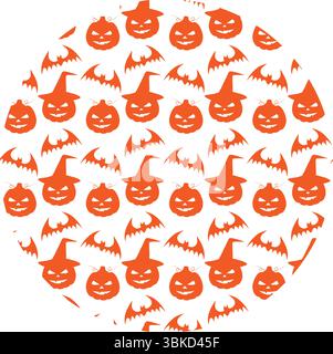 Halloween Kürbisse und Fledermäuse monochrome orange nahtlose Muster auf Kreis Hintergrund Gruß Fond. Isolierte Vektor-Illustration Halloween Feiertag Themenkarten Hintergrund Party Einladung oder Banner, Faltblatt Stock Vektor