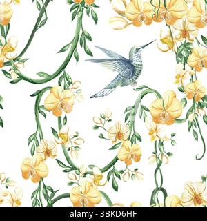 Fliegende Kolibri und gelbe Orchideenblüten mit tropischen Lianen Aquarellillustration. Handgezeichnetes nahtloses Muster mit tropischer phalaenopsis Stockfoto