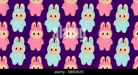 Vektor-horizontaler Hintergrund mit handgezeichnetem flachem Cartoon in Pink und Blau Fantasy Labubu Monster Spielzeug mit Zähnen und großen Augen. Verspielt und dekorativ Stock Vektor