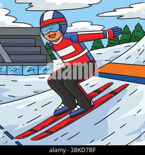 Männlicher Skispanzer, Der Outrun Colour Cartoon Erreicht Stock Vektor