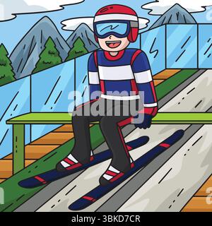 Männlicher Skipullover Nimmt Position Farbiger Cartoon Stock Vektor