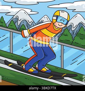 Männlicher Skipullover, der die Rampe hinuntergleitet, farbig Stock Vektor