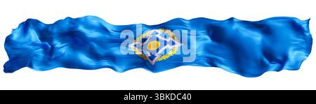 Stilisierte Flagge von CSTO winkt im Wind, isoliert auf weißem Hintergrund. Fußzeile, Kopfzeile oder Trennzeichen. Breiten Panoramaausschnitt. Kollektiv Stockfoto