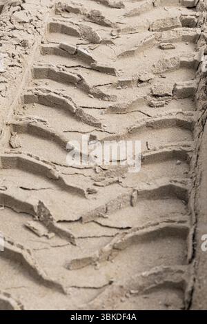 Reifenspuren auf Sand. Schließen Sie Radspuren auf dem Sand. Große Reifenspuren. Traktorreifen am Strand. Foto von Radspuren auf großen Lkws Stockfoto