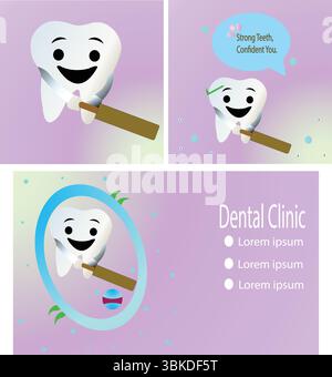Set von Zahnklinik Promotion mit Zahnmaskottchen – niedliche Dental Comic Panels mit Sprechblase und Healthcare Icons Stock Vektor