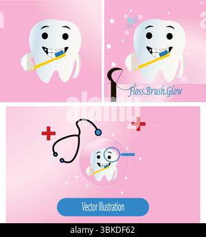 Set von Zahnklinik Promotion mit Zahnmaskottchen – niedliche Dental Comic Panels mit Sprechblase und Healthcare Icons Stock Vektor
