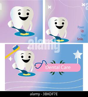 Set von Zahnklinik Promotion mit Zahnmaskottchen – niedliche Dental Comic Panels mit Sprechblase und Healthcare Icons Stock Vektor