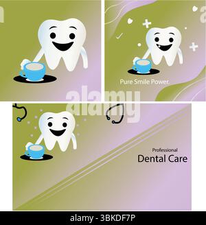 Set von Zahnklinik Promotion mit Zahnmaskottchen – niedliche Dental Comic Panels mit Sprechblase und Healthcare Icons Stock Vektor