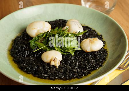 Ein Gourmet-Teller mit Risotto aus schwarzer Tintenfisch-Tinte, garniert mit gebratenem Tintenfisch und einer frischen Rucola-Garnitur. Der leuchtende Grün- und Tiefschwarz-Kontrast b Stockfoto