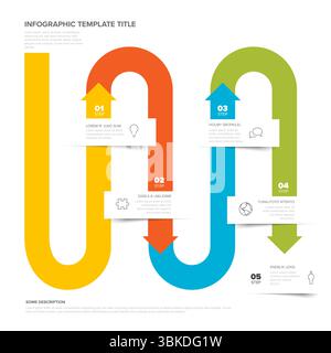 Diese farbenfrohe Infografik ist eine Infografik für gekrümmte Prozesse mit 5 Schritten. Verwenden Sie diese Infografik-Vorlage für den Prozess, um Schritte und Workflows zu visualisieren Stock Vektor