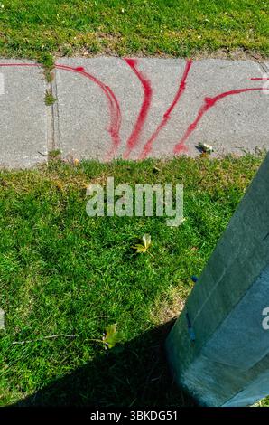 Rote Hydro-Linien-Markierungen auf einem Gehsteig, der von einer Straßenlaterne aus Metall neben Gras wegführt. Stockfoto