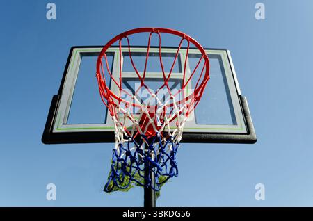 Ansicht eines Basketballnetzes und -Rückbretts nach oben gegen einen Baumwipfel und blauen Himmel, Stockfoto
