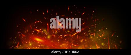 Brennende Glut und leuchtende Funken fliegen in dunklem, rauchigen Hintergrund. Feurige Textur mit roten Flammen und Asche sorgt für intensive Wärme und industrielle Power-Stimmung. Stock Vektor