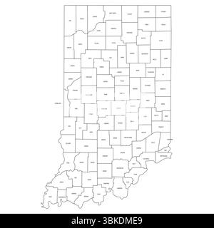 Indiana, IN - detaillierte politische Karte des US-Bundesstaates. Administrative Karte unterteilt in Bezirke. Dünne schwarze Umrisskarte mit Kreisbezeichnungen. Vektorabbildung Stock Vektor