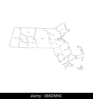 Massachusetts, MA – detaillierte politische Karte des US-Bundesstaates. Administrative Karte unterteilt in Bezirke. Dünne schwarze Umrisskarte mit Kreisbezeichnungen. Vektorabbildung Stock Vektor