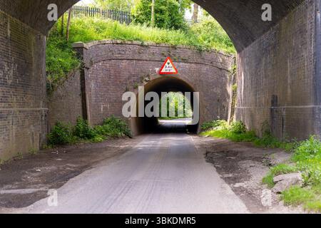 Niedrige Betonbrücke über schmalen Tunnel entlang einer Landstraße durch die englische Landschaft Stockfoto
