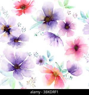Abstraktes, auffälliges, nahtloses Blumenmuster in Aquarellfarben. Aquarell handgezeichnet bunte lila rosa rote Blume Illustration. Mehrfarbiger Druck für Tapeten, Stockfoto
