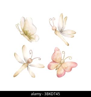 Niedlicher Schmetterling Libelle Entzückend Pastell Sanfte Insekten. Aquarell handgemalte Illustration isoliert auf weißem Hintergrund für Kinder Kinderzimmer Design Wal Stockfoto